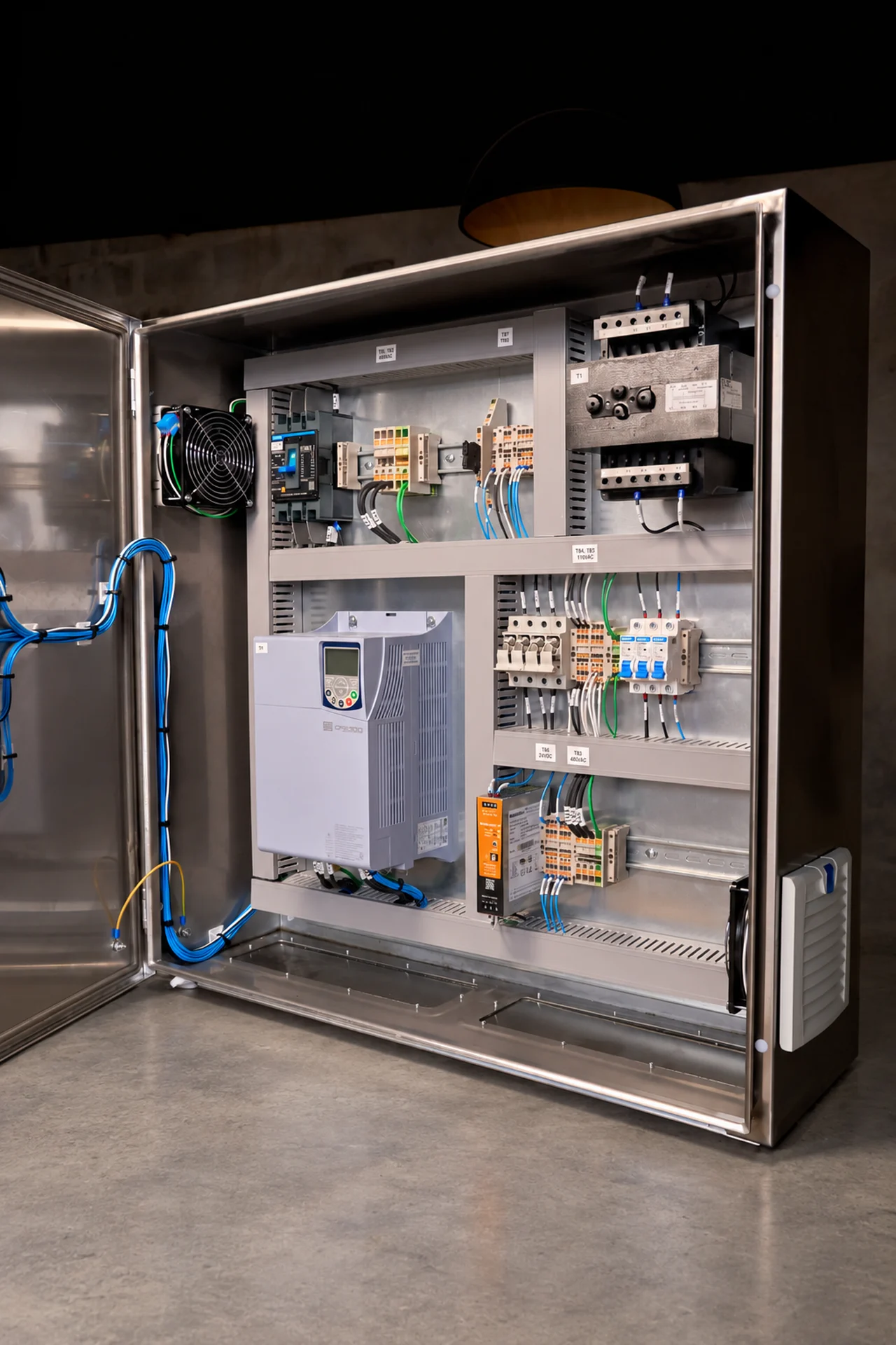 Panel de control en acero inoxidable con variador, protecciones y cableado industrial